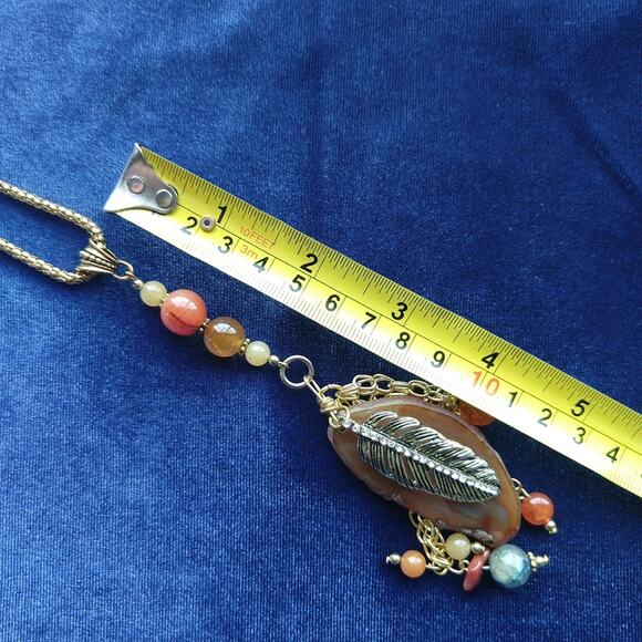 Natural Orange Agate Slice and Gold Feather Necklace strength courage protection - Picture 7 of 10
